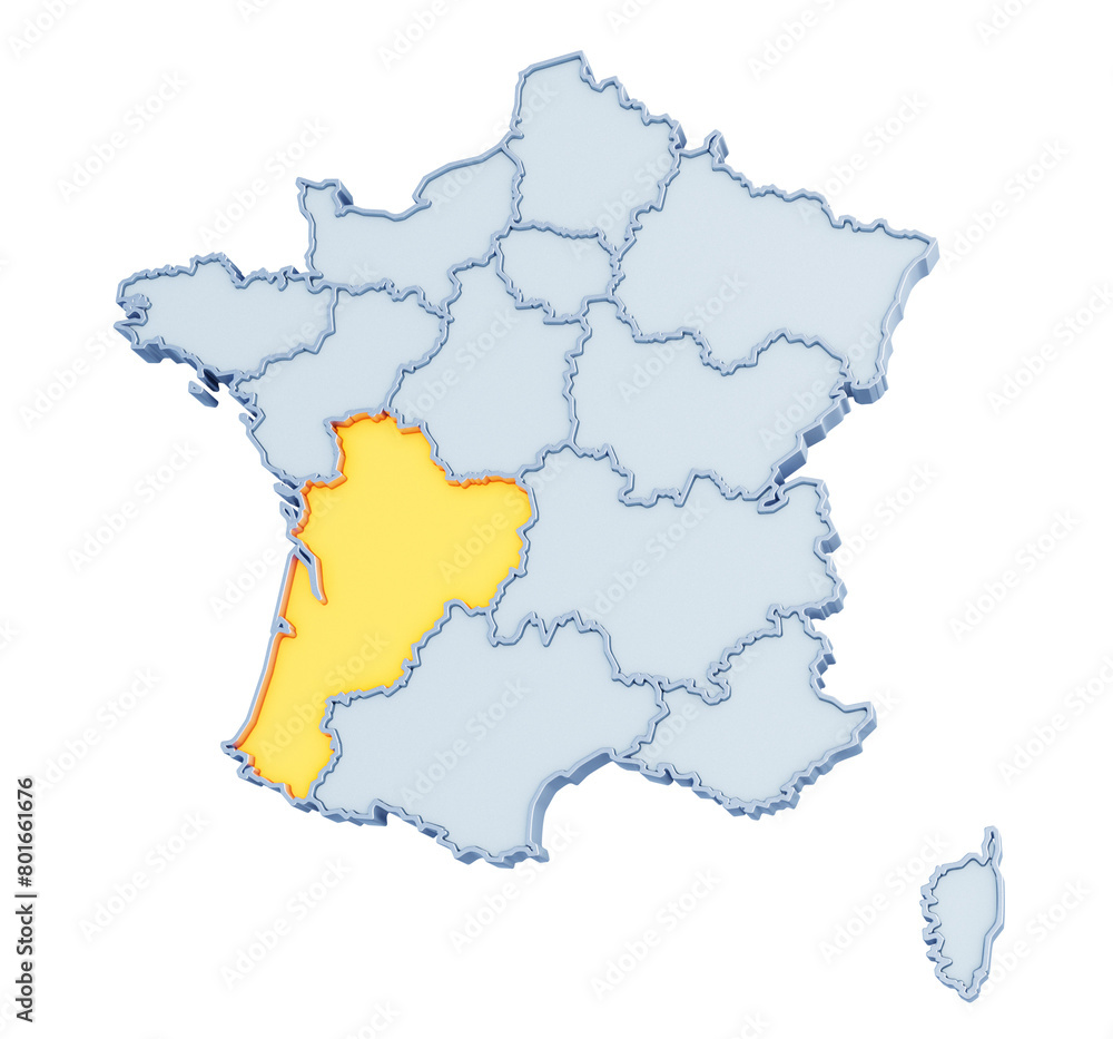 Obraz premium French region of Nouvelle-Aquitaine highlighted in golden yellow on three-dimensional map of France isolated on transparent background. 3D rendering