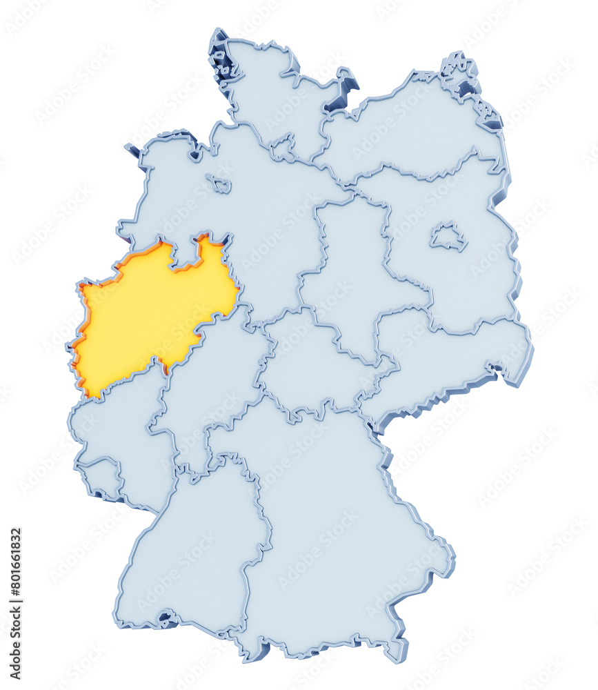 German state of North Rhine-Westphalia (Nordrhein-Westfalen) highlighted in golden yellow on three-dimensional map of Germany isolated on transparent background. 3D rendering
