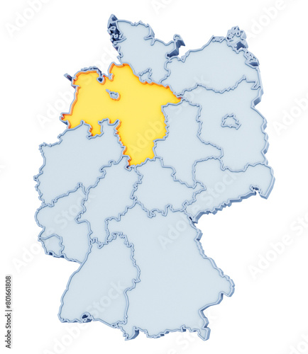German state of Lower Saxony  Niedersachsen  highlighted in golden yellow on three-dimensional map of Germany isolated on transparent background. 3D rendering