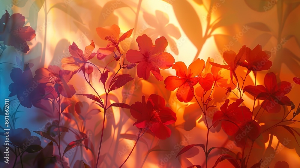 Close-up view of abstract shadow play with flowers, showcasing the artistic fusion of light, shadow, and botanical forms. Close-up view of abstract shadow play with flowers, showcasing the artistic fusion of light, shadow, and botanical forms.