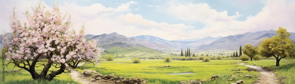 A beautiful landscape painting of a large tree in full bloom with delicate pink flowers against a backdrop of rolling green hills and a blue sky with fluffy white clouds A beautiful landscape painting of a large tree in full bloom with delicate pink flowers against a backdrop of rolling green hills and a blue sky with fluffy white clouds