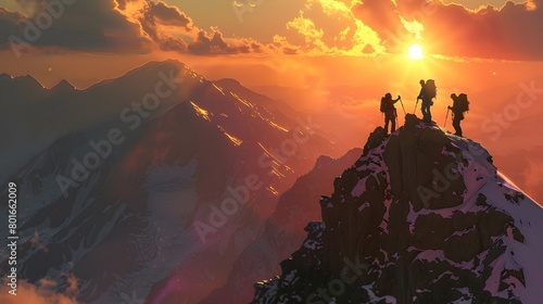 Hiker helping friend reach the mountain top  Teamwork concept