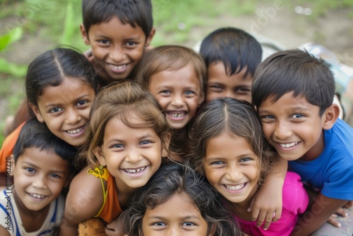Group of happy children looking at camera and smiling. Selective focus.