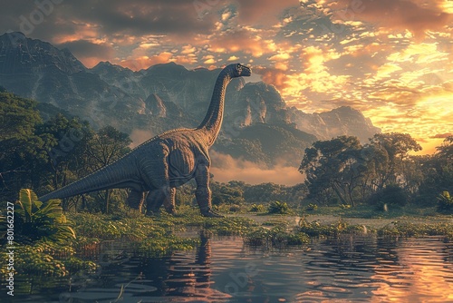 A professional photo showcases the immense size and gentle presence of an Argentinosaurus dinosaur in its natural habitat