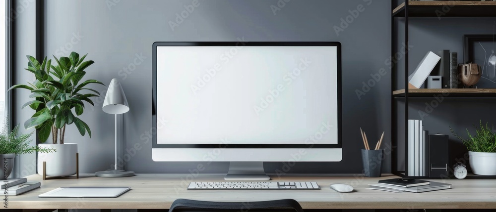 A realistic depiction of a blank mockup showcasing a minimalist office setting with a professional atmosphere, complete with a computer monitor and keyboard. A realistic depiction of a blank mockup showcasing a minimalist office setting with a professional atmosphere, complete with a computer monitor and keyboard.