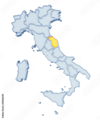 Italian region of Marche highlighted in golden yellow on three-dimensional map of Italy isolated on transparent background. 3D rendering