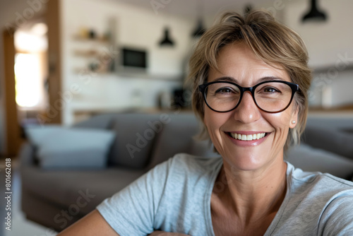 Cheerful middle-aged woman with glasses smiles warmly at the camera, capturing a moment of happiness in her cozy, well-lit living room with modern decor