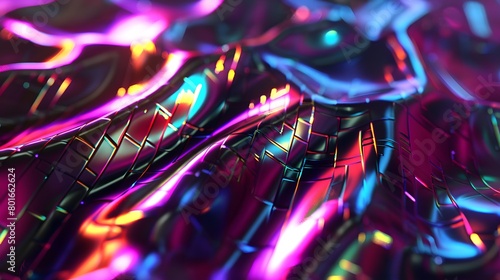 Modern 3D backdrop with moving holographic neon geometrical wavy pattern—a blend of technology and art. Perfect for backgrounds, banners, wallpapers, posters, and covers.