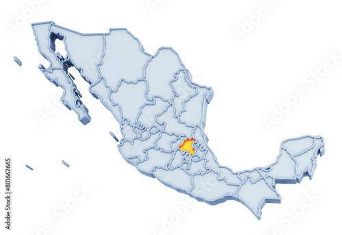 Mexican state of Hidalgo highlighted in golden yellow on three-dimensional map of Mexico isolated on transparent background. 3D rendering photo