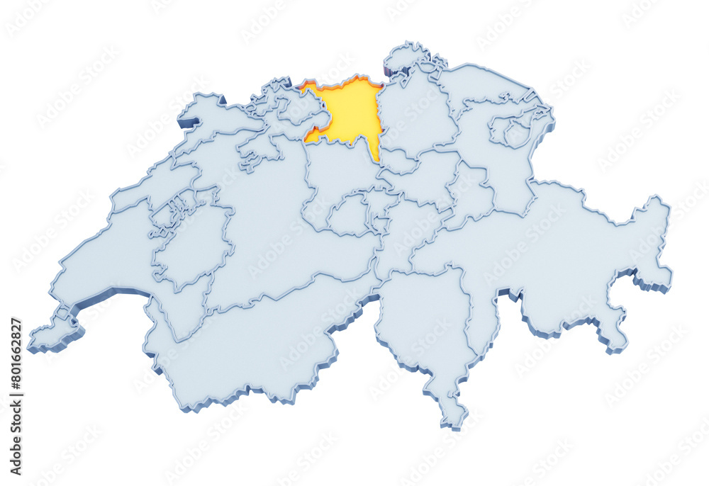 Obraz premium Swiss canton of Aargau highlighted in golden yellow on three-dimensional map of Switzerland isolated on transparent background. 3D rendering