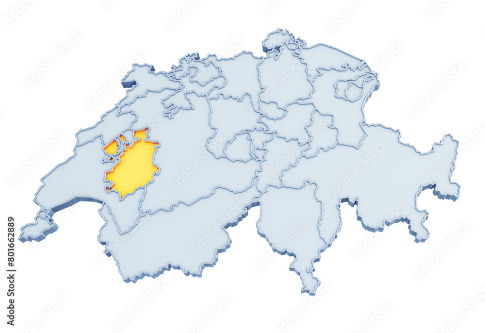 Swiss canton of Fribourg highlighted in golden yellow on three-dimensional map of Switzerland isolated on transparent background. 3D rendering