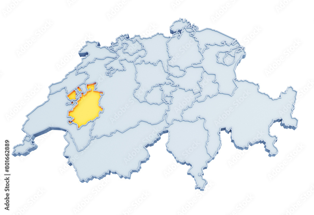 Swiss canton of Fribourg highlighted in golden yellow on three-dimensional map of Switzerland isolated on transparent background. 3D rendering Swiss canton of Fribourg highlighted in golden yellow on three-dimensional map of Switzerland isolated on transparent background. 3D rendering