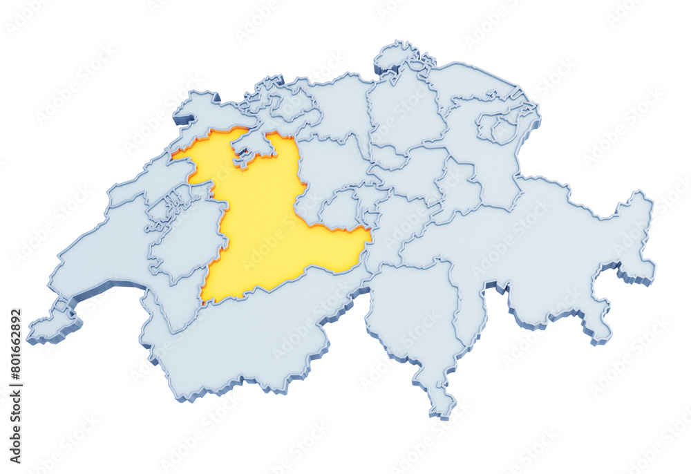 Swiss canton of Bern highlighted in golden yellow on three-dimensional map of Switzerland isolated on transparent background. 3D rendering Swiss canton of Bern highlighted in golden yellow on three-dimensional map of Switzerland isolated on transparent background. 3D rendering