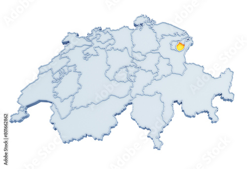 Swiss canton of Appenzell Innerrhoden highlighted in golden yellow on three-dimensional map of Switzerland isolated on transparent background. 3D rendering photo