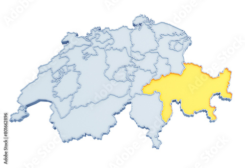 Swiss canton of Grisons   Graub  nden highlighted in golden yellow on three-dimensional map of Switzerland isolated on transparent background. 3D rendering