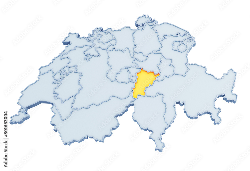 Swiss canton of Uri highlighted in golden yellow on three-dimensional map of Switzerland isolated on transparent background. 3D rendering