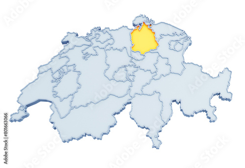 Swiss canton of Z  rich highlighted in golden yellow on three-dimensional map of Switzerland isolated on transparent background. 3D rendering