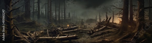 A dark and eerie forest with dead trees, a thick blanket of leaves on the ground, and a faint light in the distance.