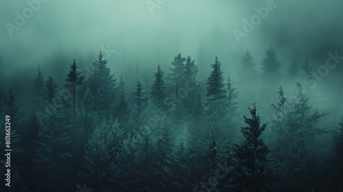 Dark green fir trees enveloped by fog, offering a moody and mystical forest landscape.