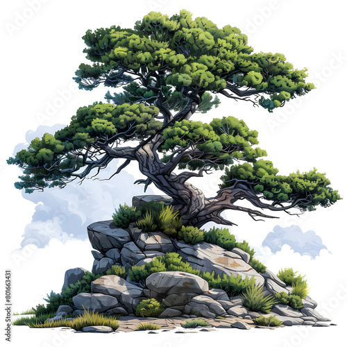 majestic pine tree perched atop a rocky cliff, with its branches elegantly sweeping across the sky photo