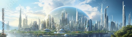 A beautiful futuristic city with a giant dome.