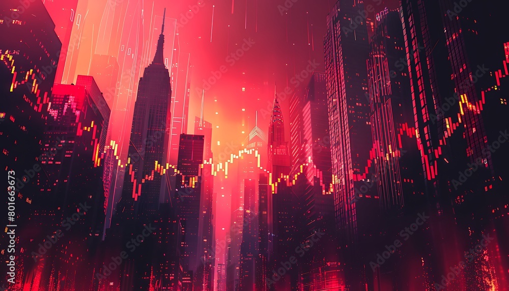 Illustration a background with ascending stock charts and skyscrapers