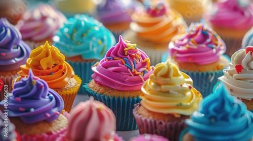A vibrant display of colorful cupcakes with intricate frosting designs, showcasing the creativity and artistry in modern baking on World Baking Day.
