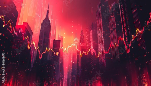 Illustration a background with ascending stock charts and skyscrapers