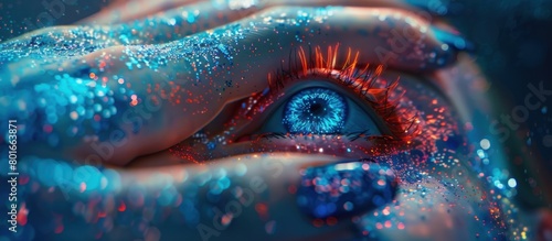 woman hand has a blue eye and cosmic landscapes, light blue and red, virtual reality
