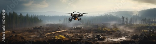 A drone flies over a deforested area. The trees have been cut down and the land is now barren. The drone is equipped with a camera and is taking pictures of the damage. photo