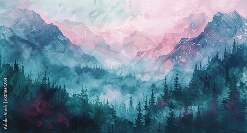 mountains watercolor painting with light pink and indigo colors photo