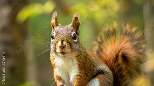 An engaging close-up of a squirrel with expressive eyes amidst a vibrant natural setting.