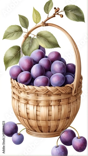 Watercolor clip art of elegant  woven basket , full of purple plums, isolated on white background