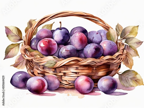 Watercolor clip art of  elegant  woven basket , full of purple plums, isolated on white background