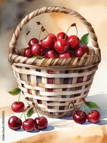 Red cherries in  elegant  woven basket. Watercolor clip art of basket  full of red cherries, Harvest time