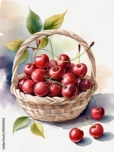 Red cherries in  elegant  woven basket. Watercolor clip art of basket  full of red cherries, Harvest time