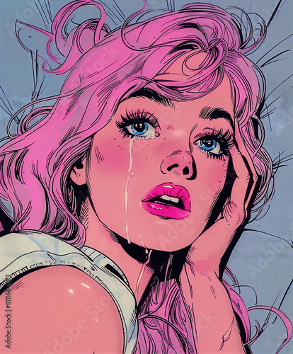 closeup woman pink hair lipstick nostalgic influential crying flat abstract bed manga styling heavy makeup tracer skintight hand streaming washed out photo