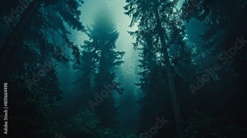 A captivating forest scene enveloped in mist and twilight  evoking mystery and the beauty of nature.