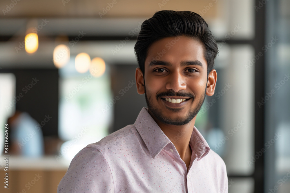 Portrait of a young, well-groomed man wearing a pink shirt, exuding confidence with a charming smile, set against a blurred office interior with soft lighting Portrait of a young, well-groomed man wearing a pink shirt, exuding confidence with a charming smile, set against a blurred office interior with soft lighting