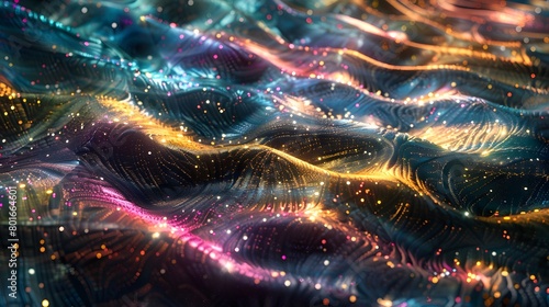 Modern 3D backdrop with moving holographic neon geometrical wavy pattern—a blend of technology and art. Perfect for backgrounds, banners, wallpapers, posters, and covers.