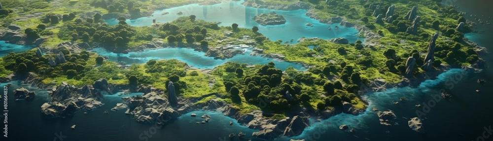 An aerial view of a large tropical island with green vegetation and blue water. The island is surrounded by coral reefs and has a few small beaches. An aerial view of a large tropical island with green vegetation and blue water. The island is surrounded by coral reefs and has a few small beaches.