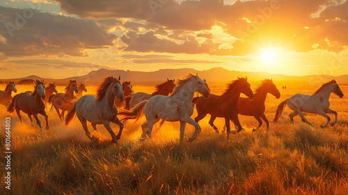 A Majestic Herd of Wild Horses Galloping Through a Vast Open Field at Sunset
