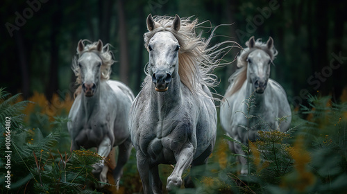 Three Majestic White Horses Galloping from a Dense Forest into Open Terrain