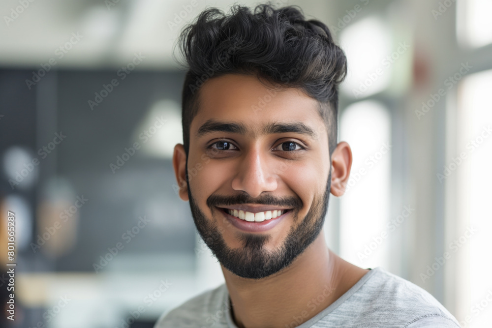Close-up portrait of a cheerful young man with a stylish beard and a warm smile, posing indoors with a blurred background, exuding confidence and positivity Close-up portrait of a cheerful young man with a stylish beard and a warm smile, posing indoors with a blurred background, exuding confidence and positivity