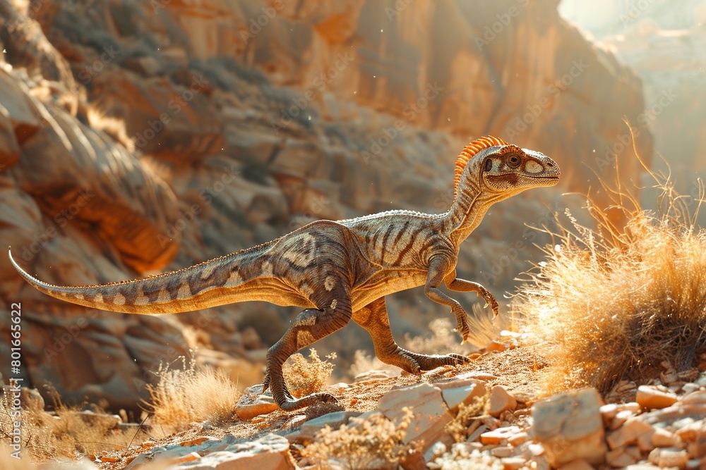 A professional photo captures the Velociraptor dinosaur in its natural habitat, depicting the agile predator prowling through rugged rocky terrain with sharp cliffs and sparse vegetation