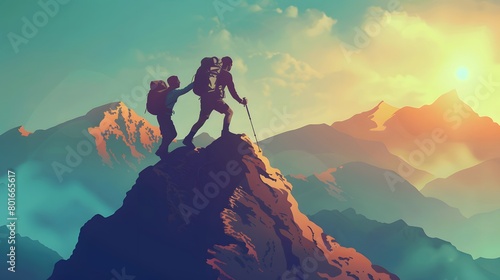 Hiker helping friend reach the mountain top photo
