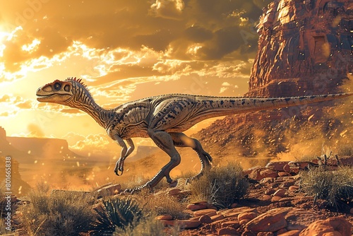 A professional photo captures the Velociraptor dinosaur in its natural habitat  depicting the agile predator prowling through rugged rocky terrain with sharp cliffs and sparse vegetation