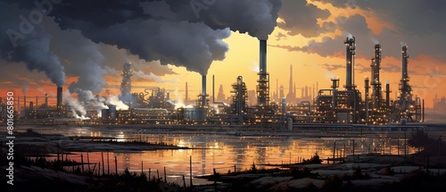 A dark, ominous factory at night. The factory is surrounded by a moat of toxic waste. The sky is orange and the water is black. The factory is belching out smoke and pollution. photo