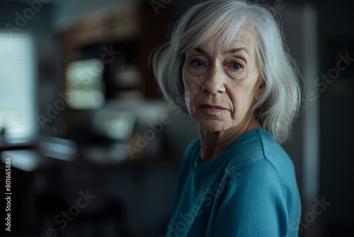 Portrait of a pensive elderly woman with grey hair in her home environment, embodying serenity and life experience with a thoughtful stare that conveys depth and emotion