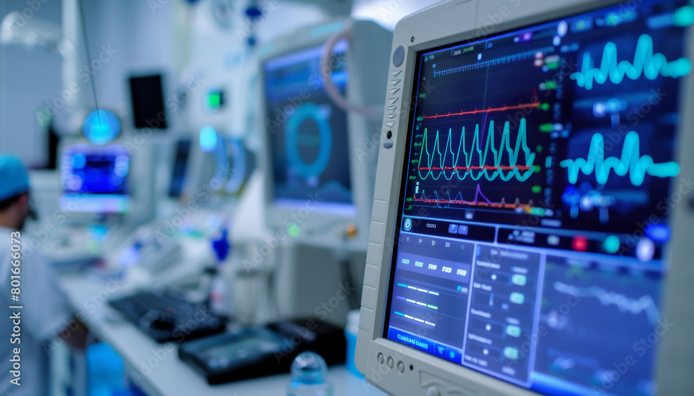 A man is sitting in front of a computer monitor that displays a heart monitor A man is sitting in front of a computer monitor that displays a heart monitor